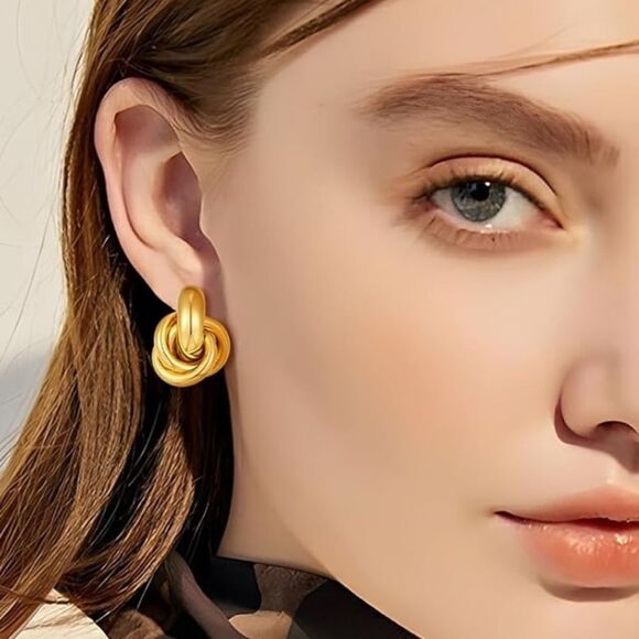 18K Gold Geometric Dangle Drop Earrings - Picture 1 of 7
